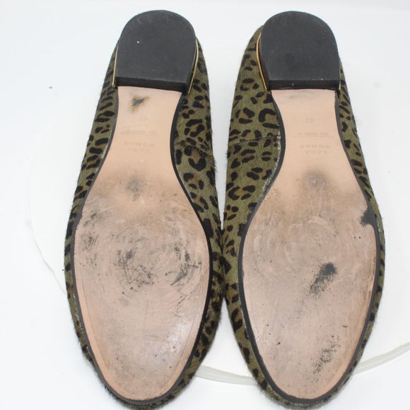 Zara Women Sz 10.5M Pony Hair Leather Green Leopard Print Studded Ballet Flats - Picture 8 of 9